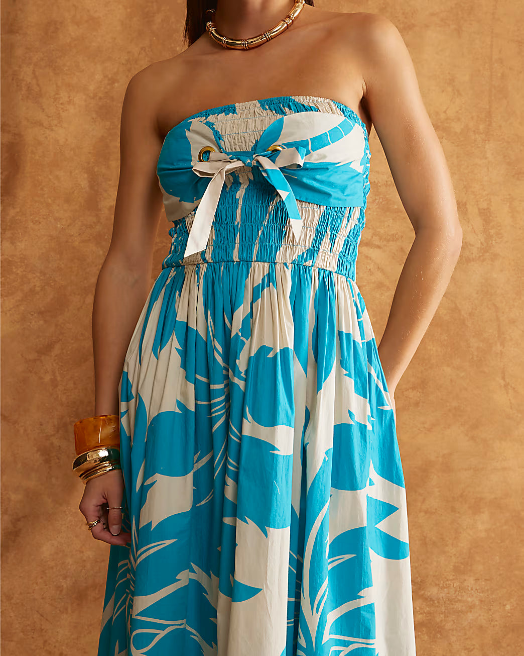 Blue Bandeau Poplin Midi Dress