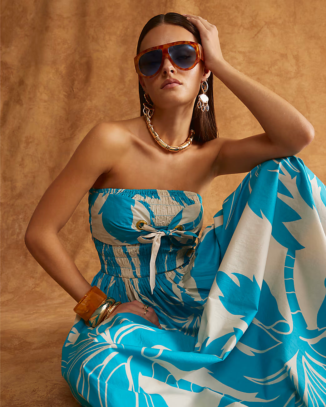 Blue Bandeau Poplin Midi Dress