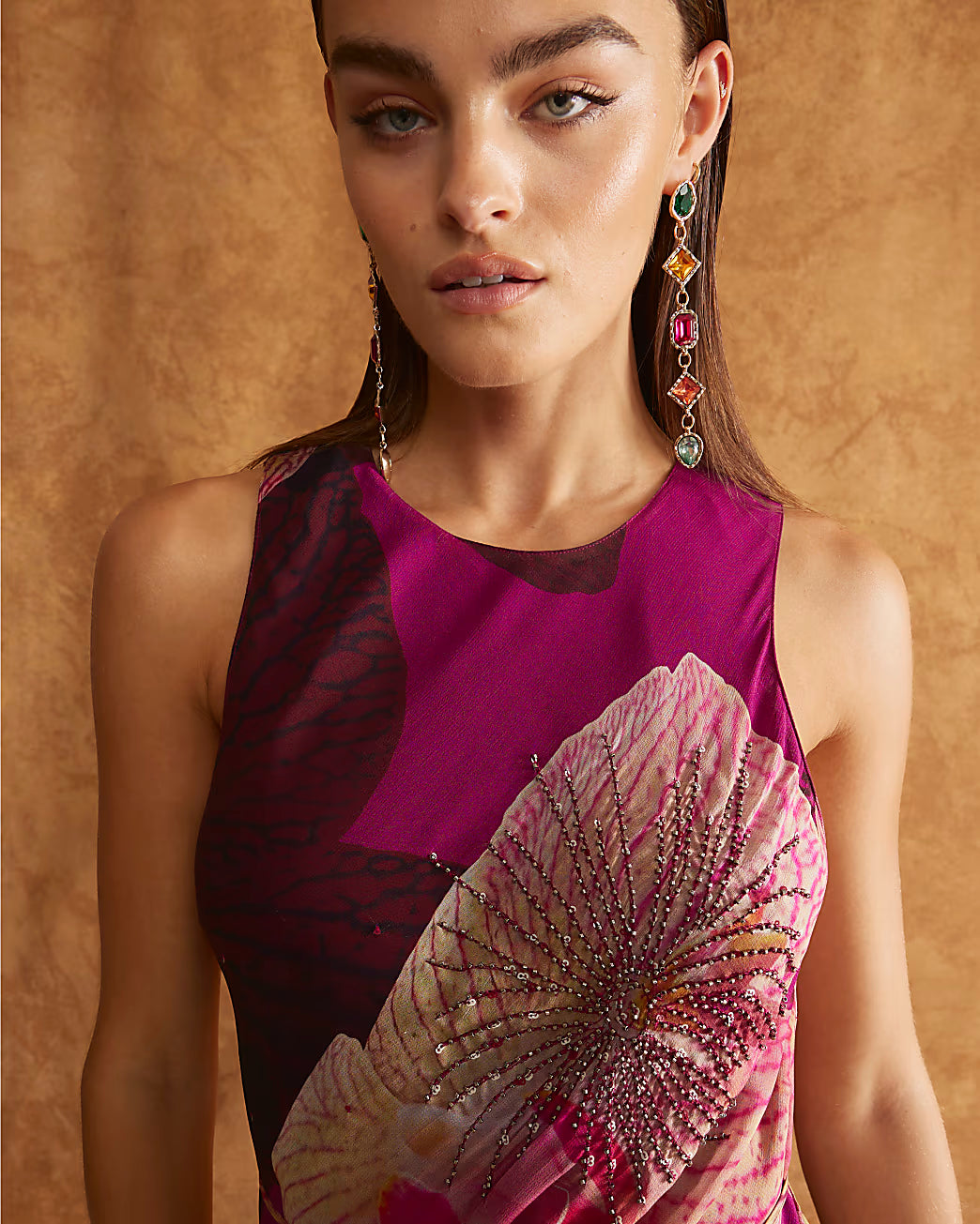 Red Embellished Floral Print Maxi Slip Dress