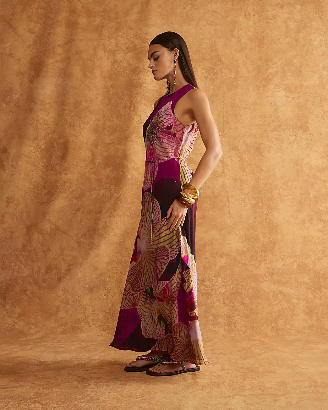 Red Embellished Floral Print Maxi Slip Dress