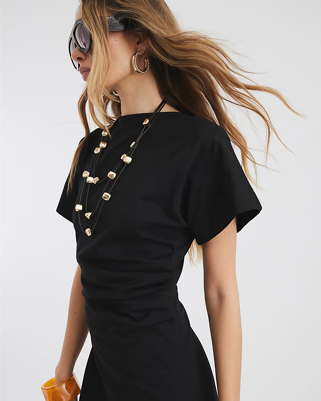 Black Short Sleeve Drape Side Midi Dress