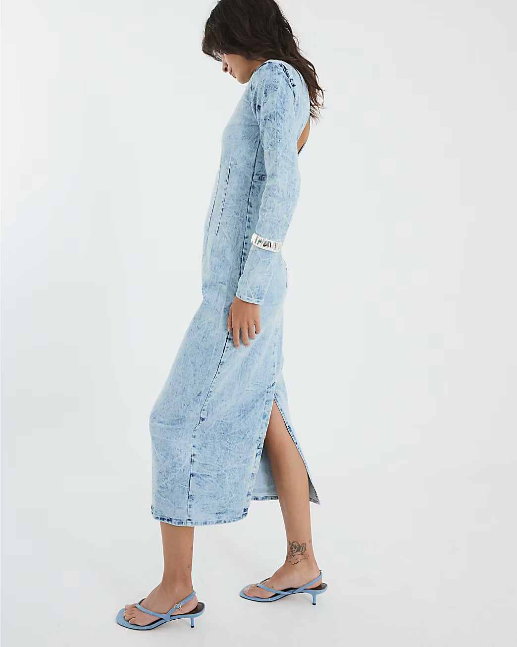Blue Denim Long Sleeve Acid Wash Midi Dress