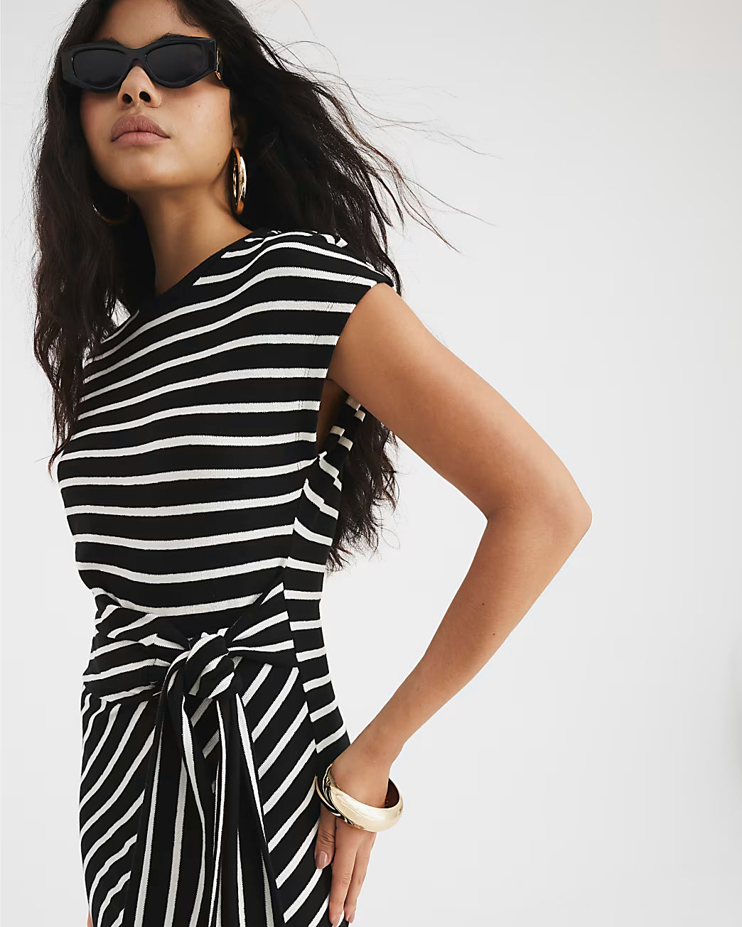 Black Stripe Knot Side Midi Dress