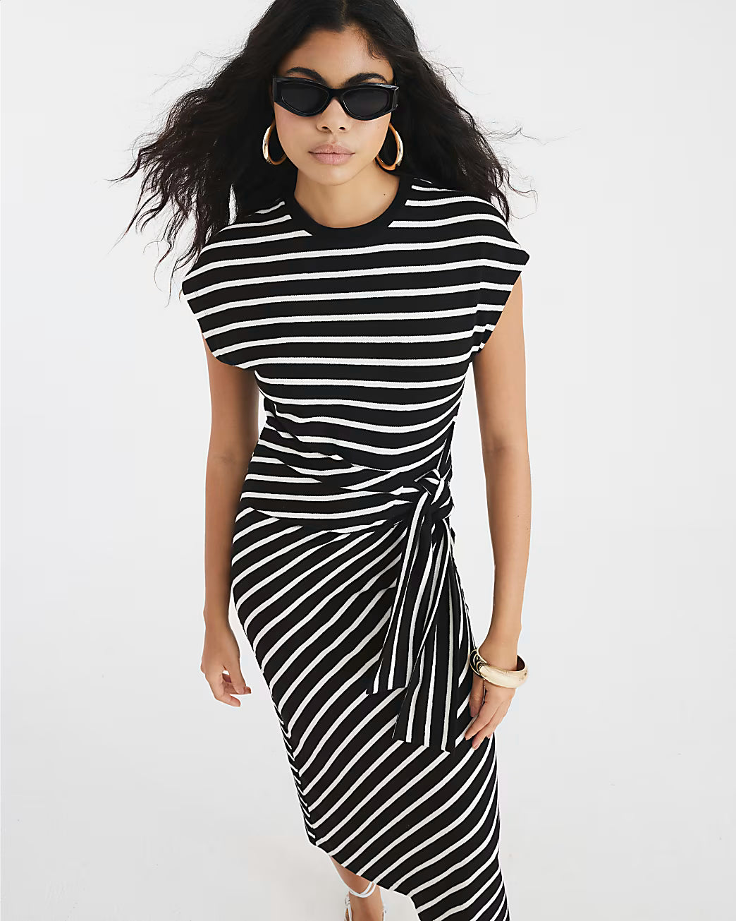 Black Stripe Knot Side Midi Dress