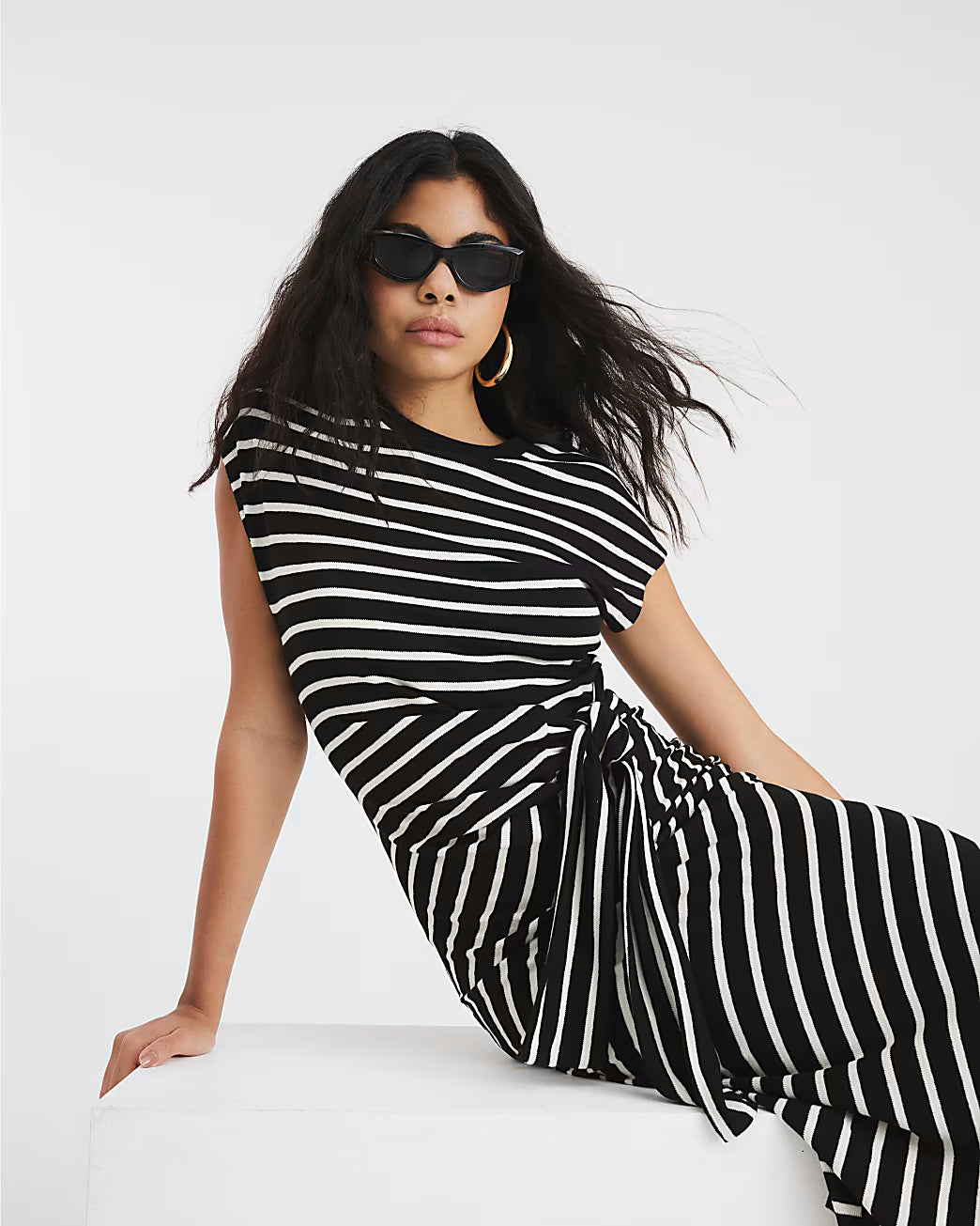 Black Stripe Knot Side Midi Dress