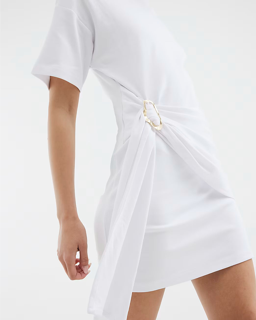 White Short Sleeve Belted Mini Dress