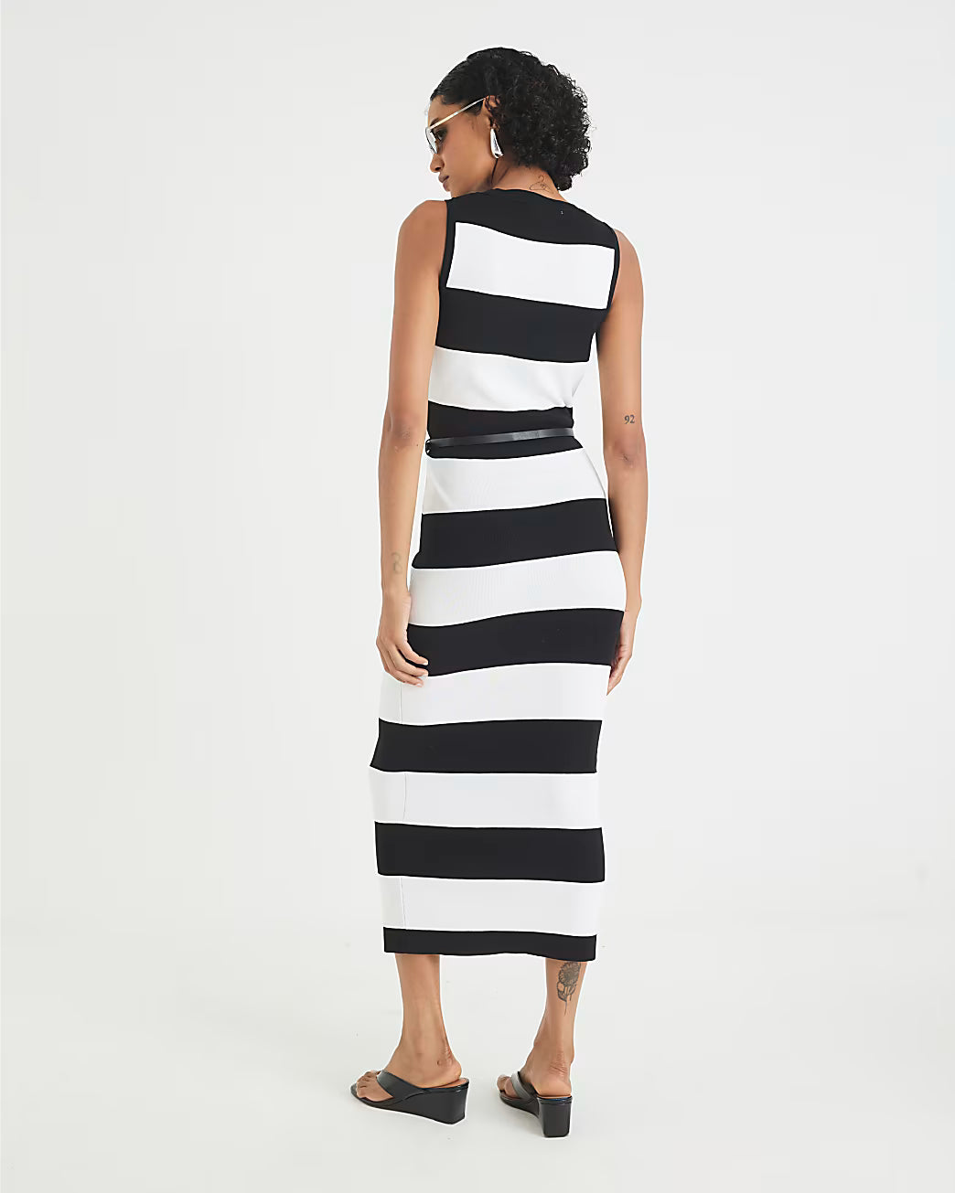 Black Stripe Knitted Belted Column Dress