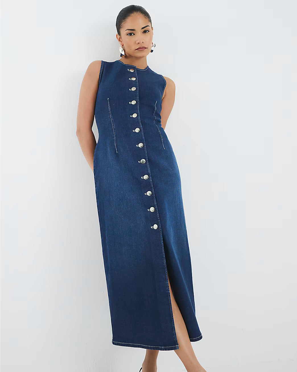 Petite Denim Button Midi Dress