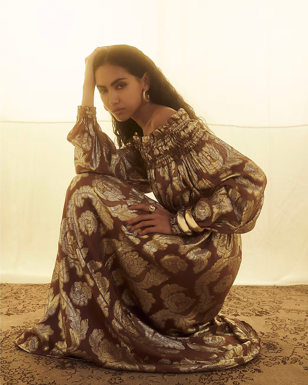 Brown Ruffled Gold Detail Bardot Maxi Dress