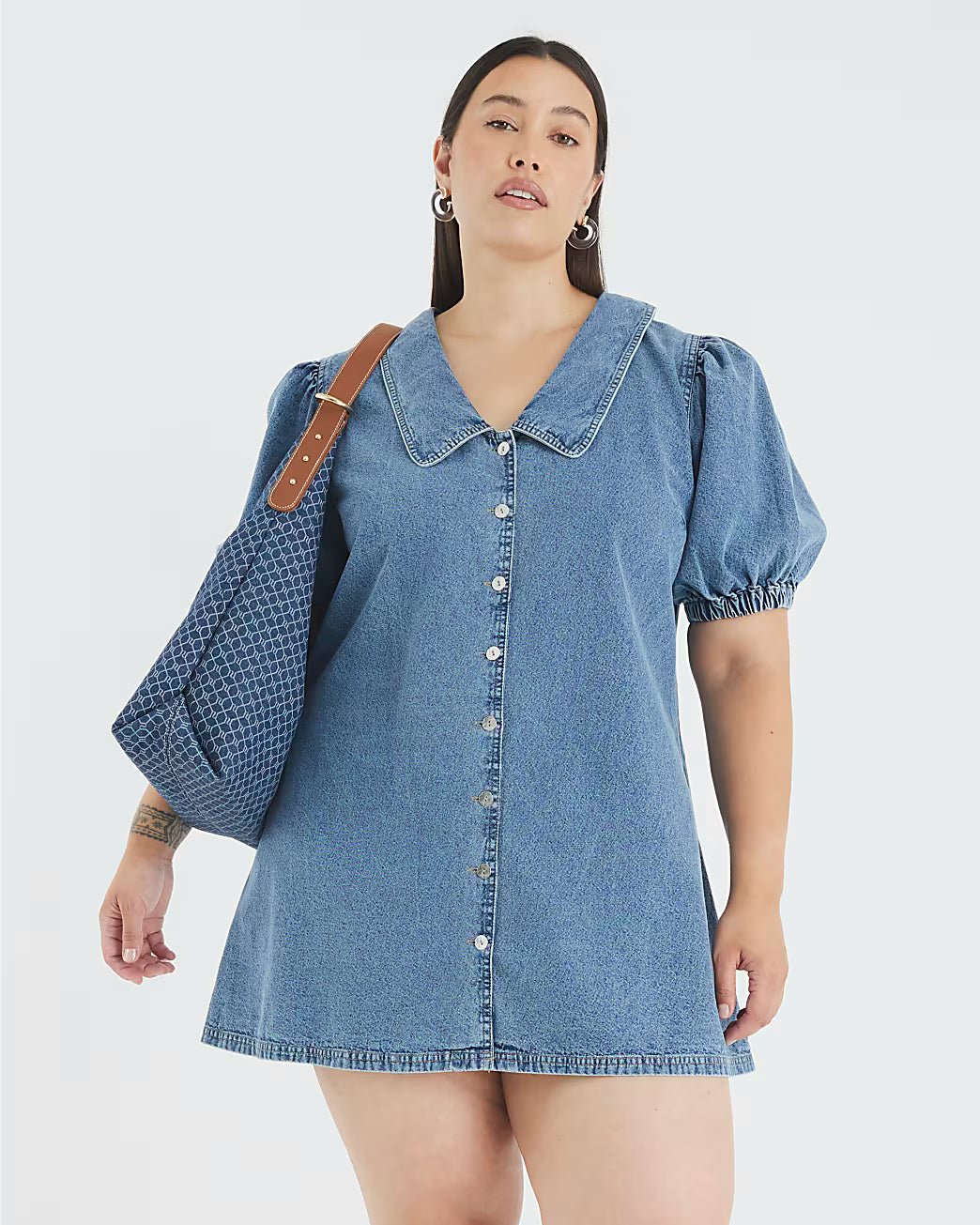Blue Denim Short Sleeve Collared Shirt Dress