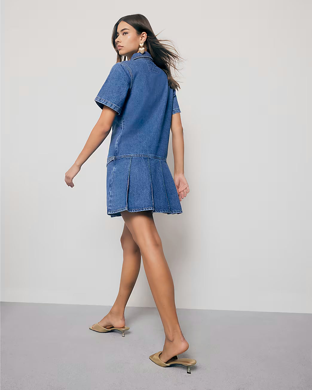 Blue Denim Short Sleeve Pleated Mini Dress