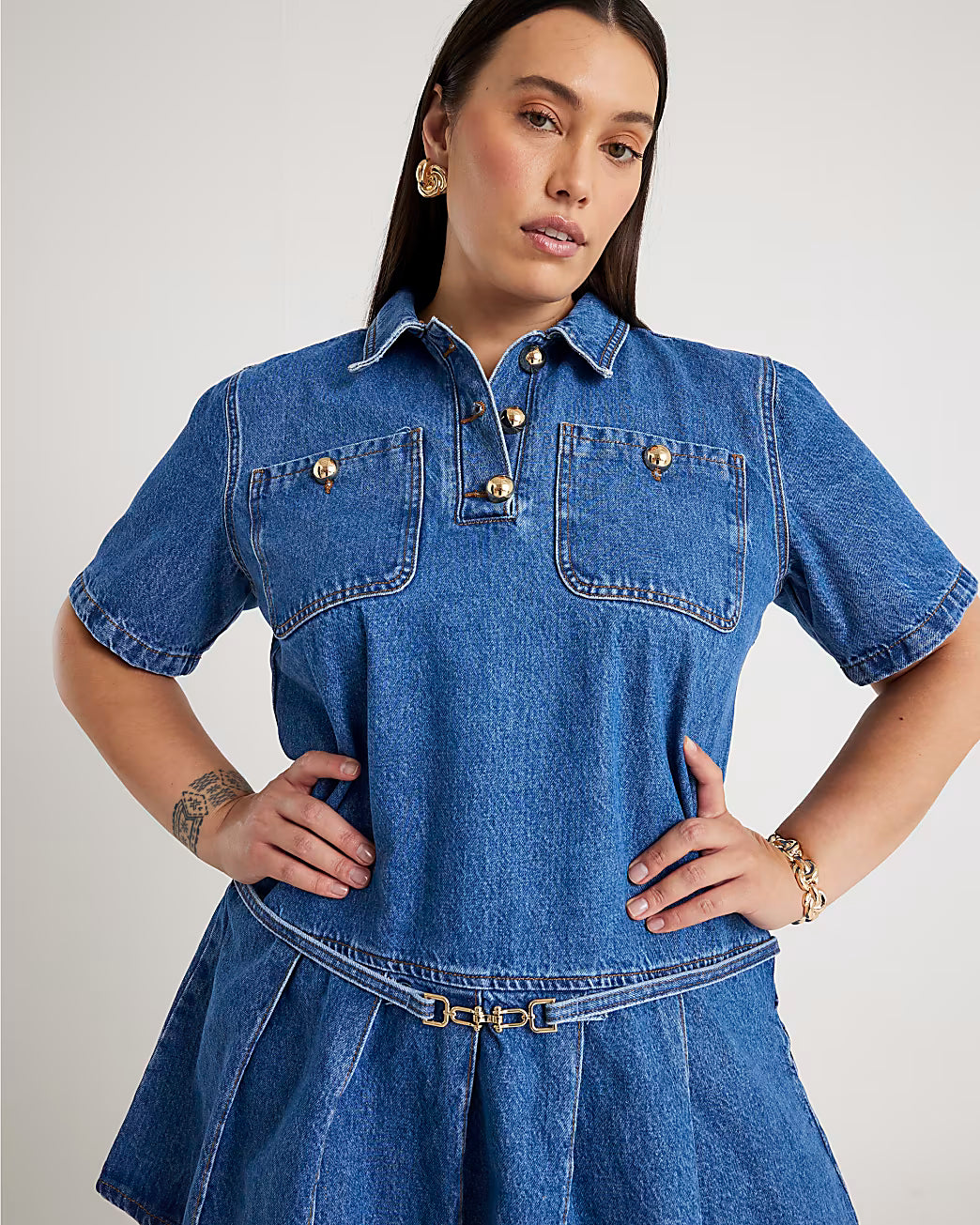 Blue Denim Short Sleeve Pleated Mini Dress