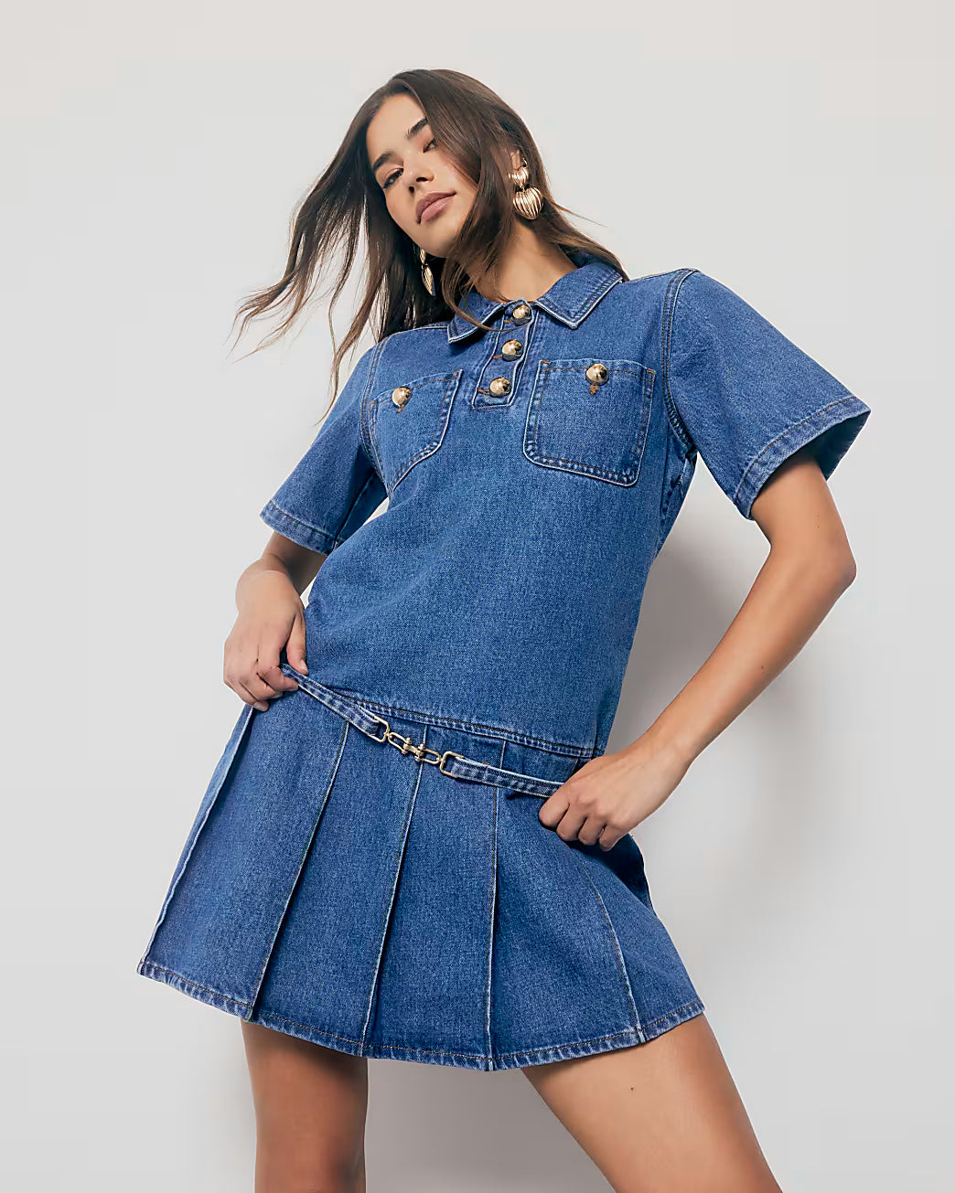 Blue Denim Short Sleeve Pleated Mini Dress