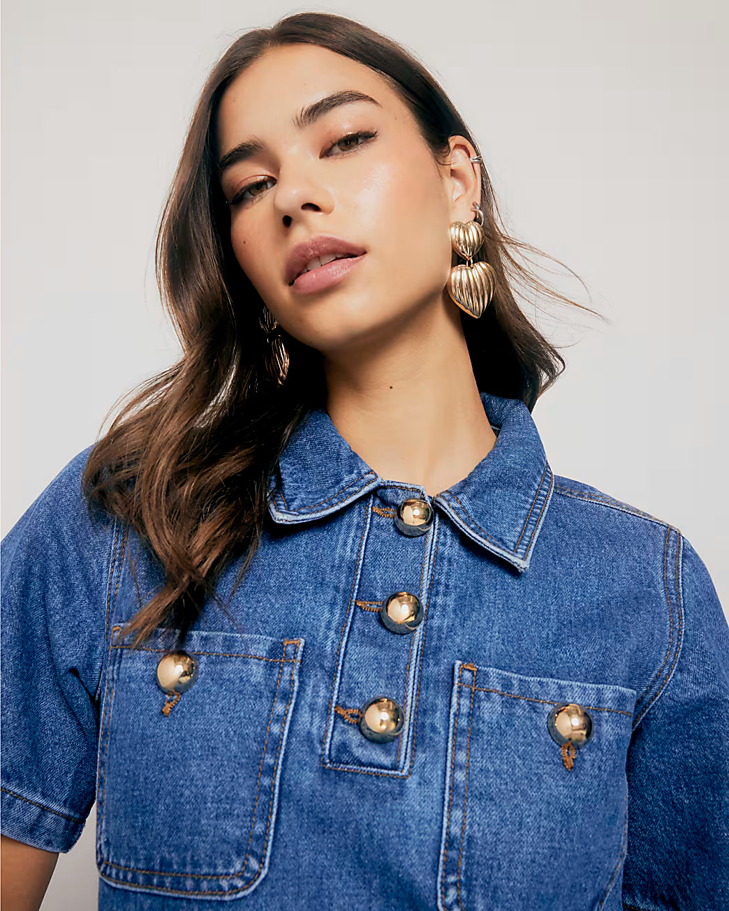 Blue Denim Short Sleeve Pleated Mini Dress