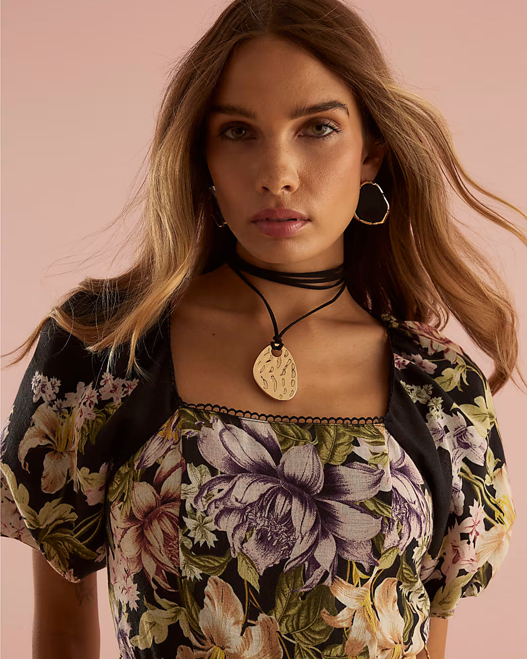 Black Floral Short Sleeve Belted Mini Dress