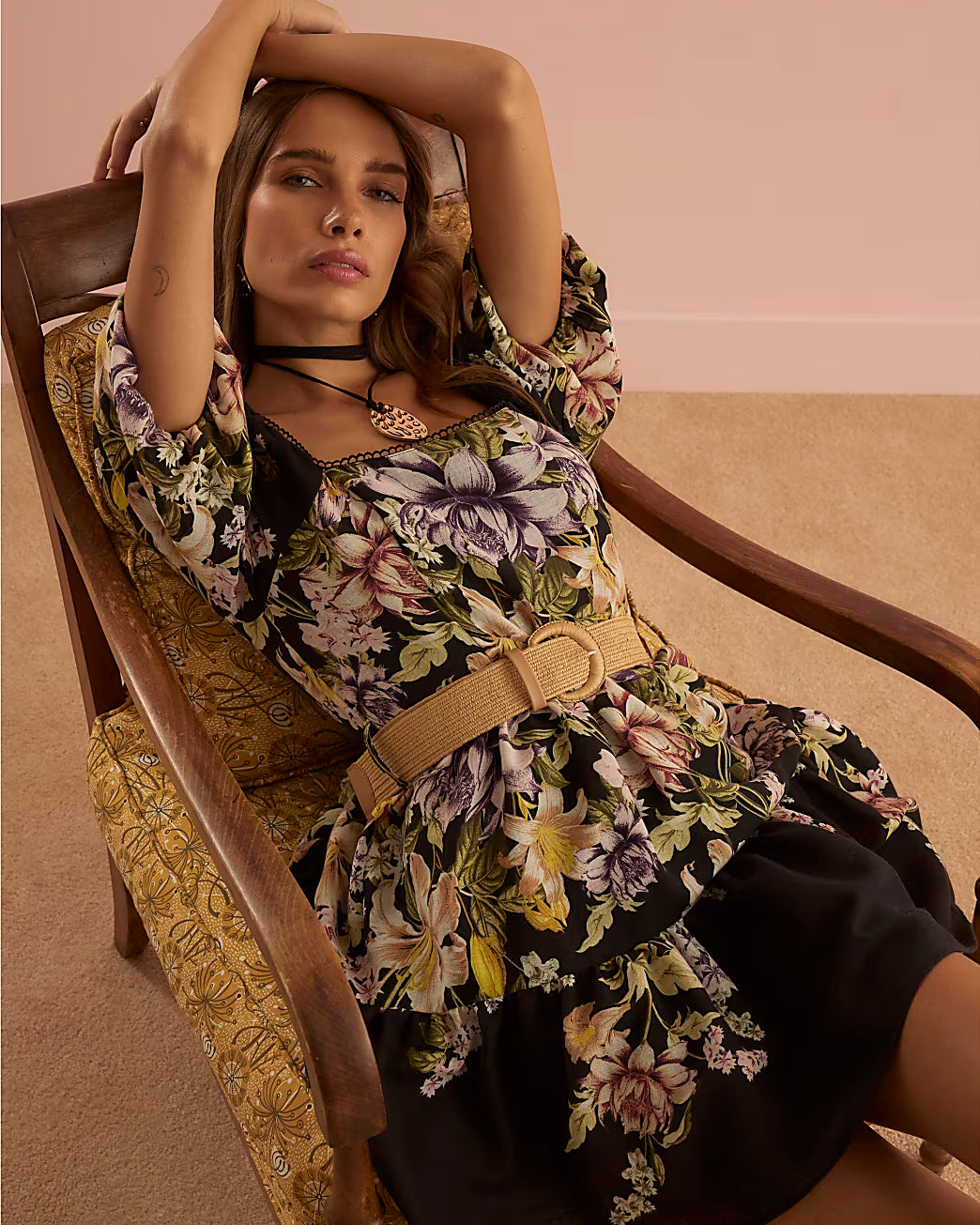 Black Floral Short Sleeve Belted Mini Dress