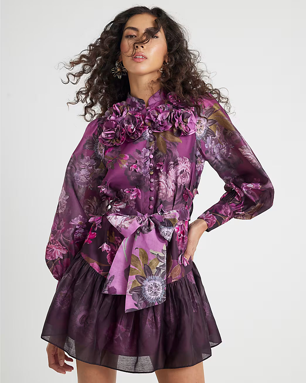 Purple 3D Floral Belted Mini Dress