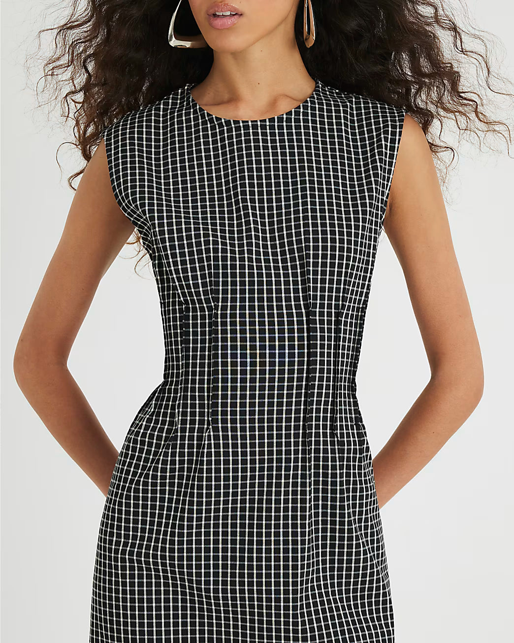 Black Sleeveless Pintuck Checked Midi Dress