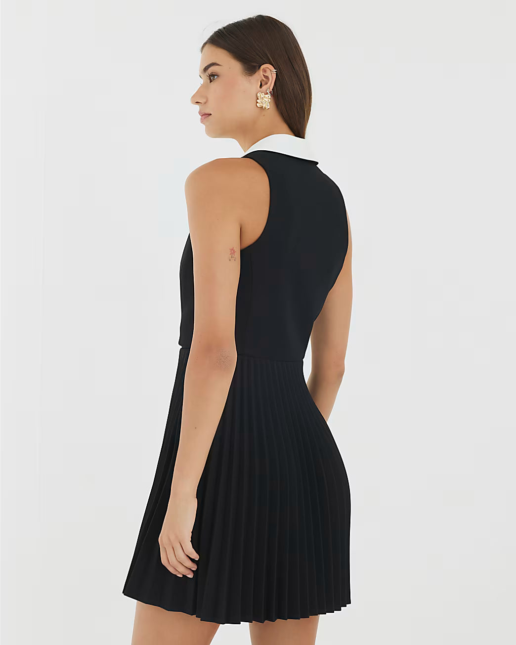 Black Collared Pleated Mini Dress