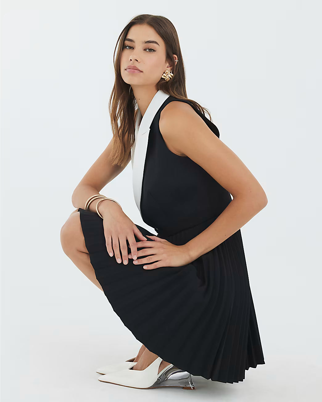 Black Collared Pleated Mini Dress