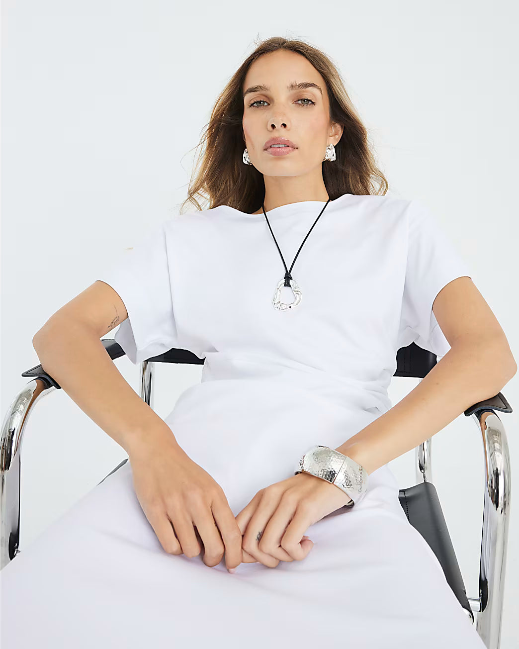 White Short Sleeve Drape Side Midi Dress