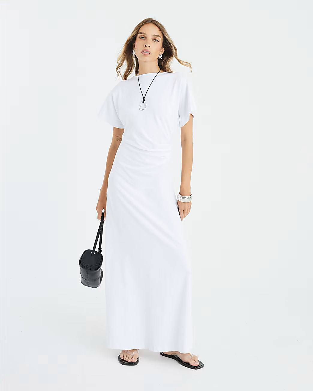 White Short Sleeve Drape Side Midi Dress