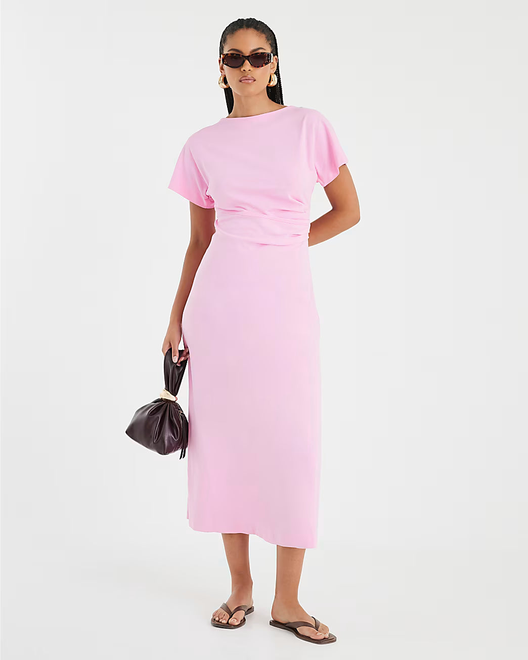 Pink Short Sleeve Drape Side Midi Dress