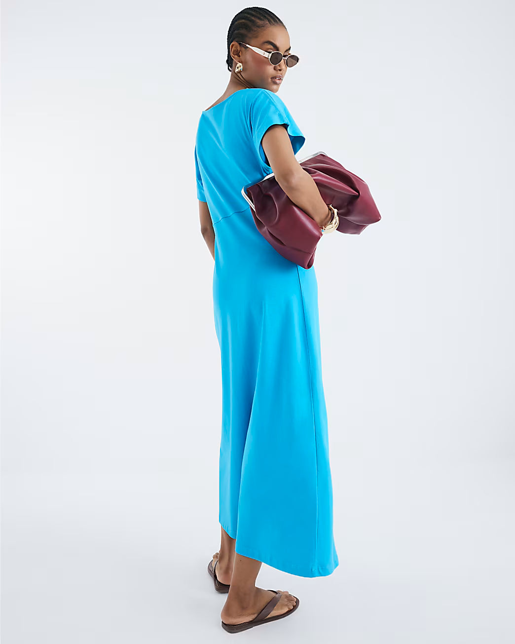Blue Short Sleeve Drape Side Midi Dress