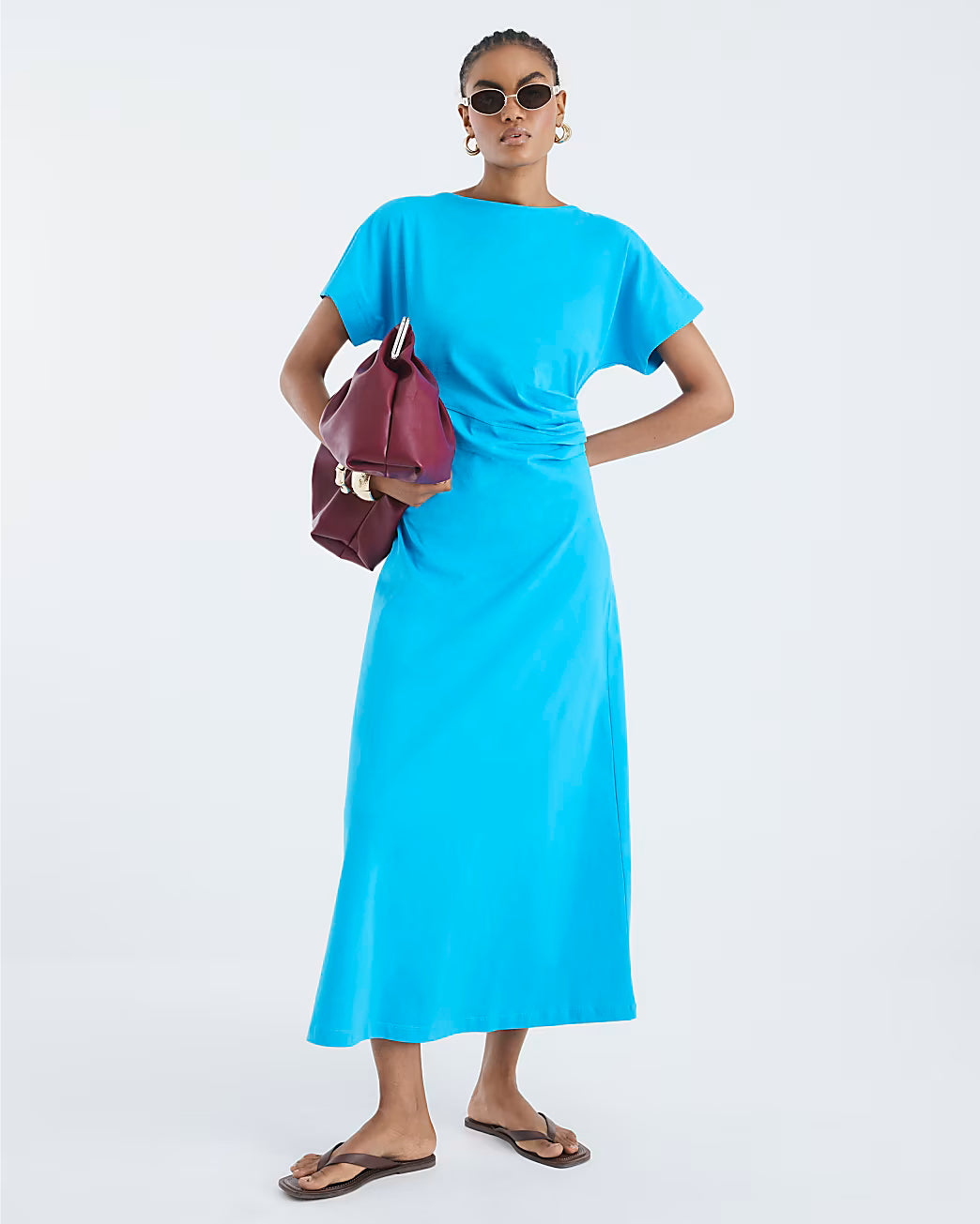 Blue Short Sleeve Drape Side Midi Dress