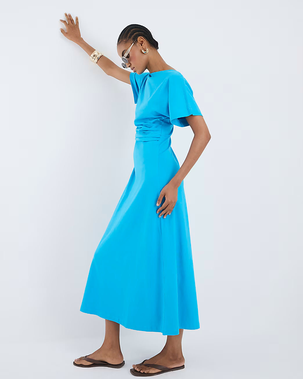 Blue Short Sleeve Drape Side Midi Dress