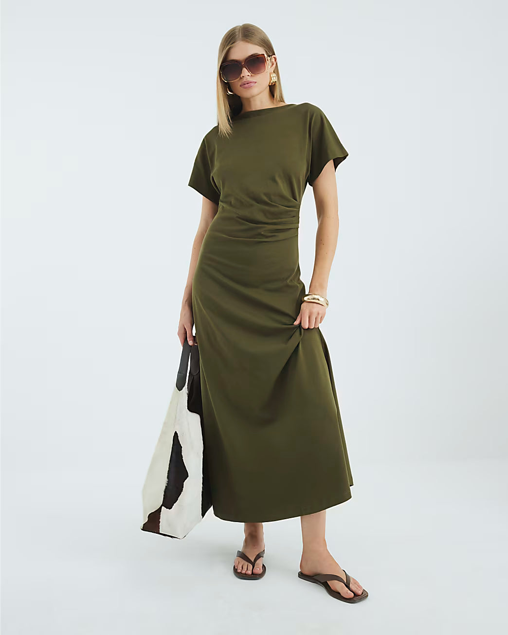 Green Short Sleeve Drape Side Midi Dress