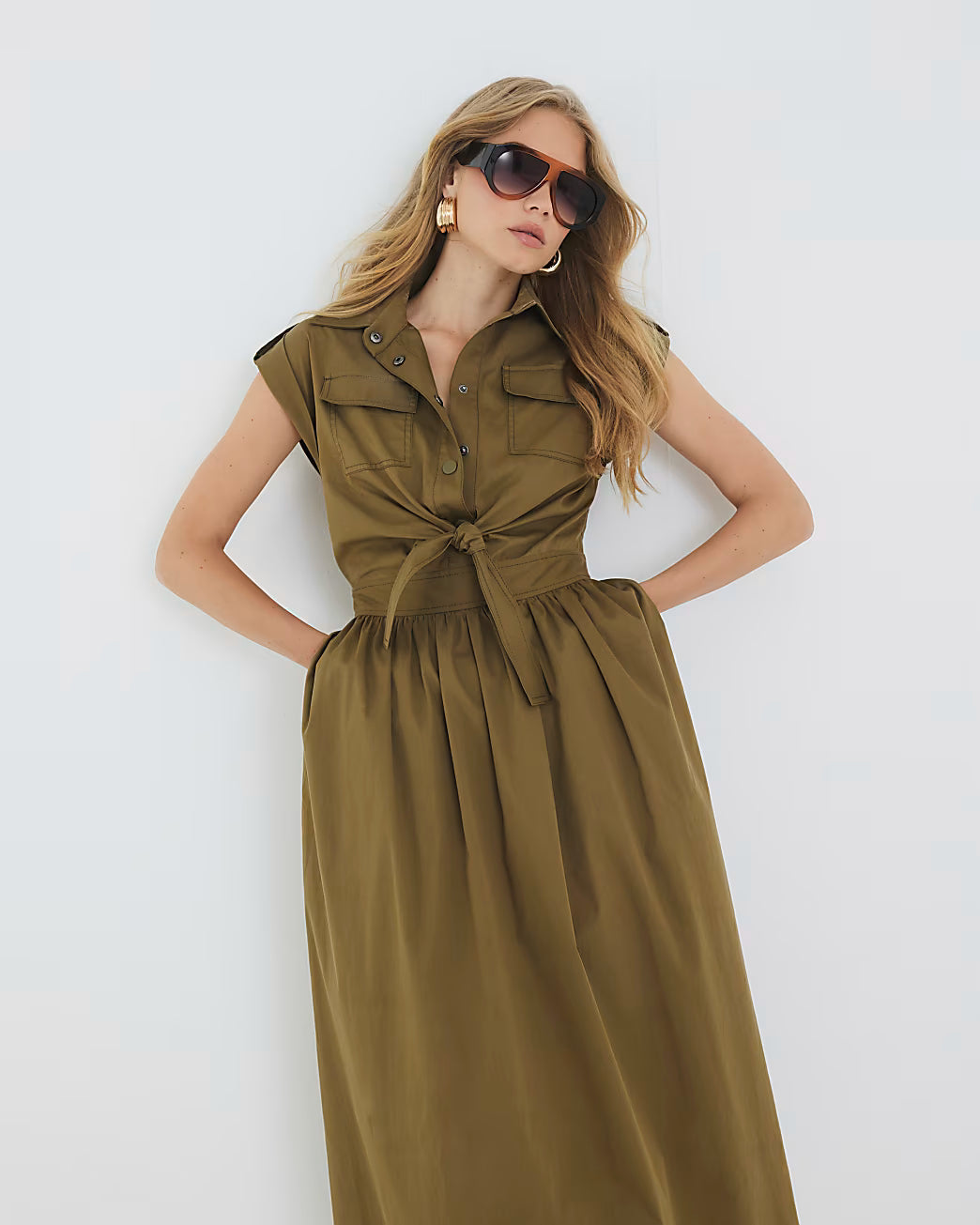 Khaki Utility Tie Front Midi Shirt Dress