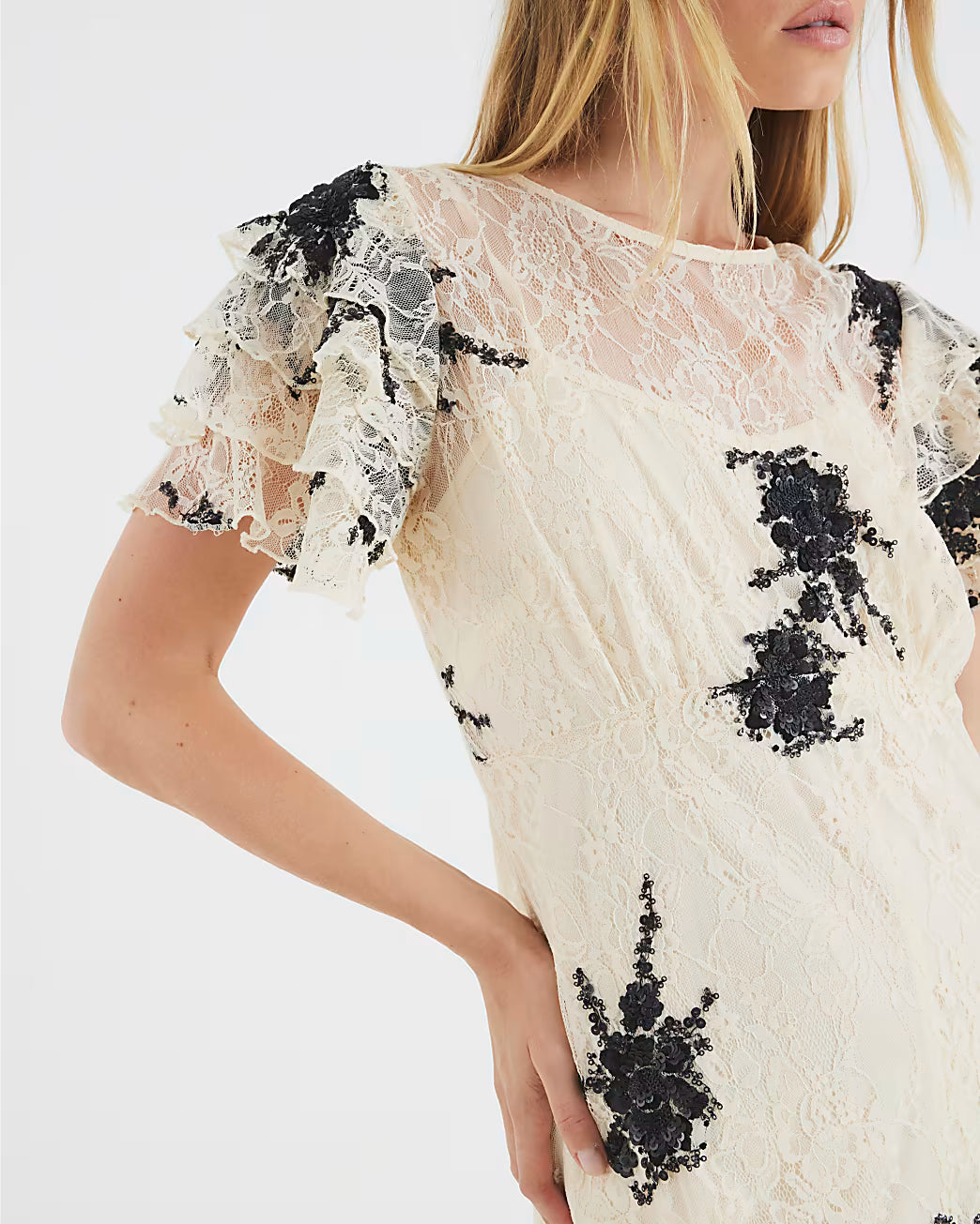 Beige Lace Embellished Maxi Dress