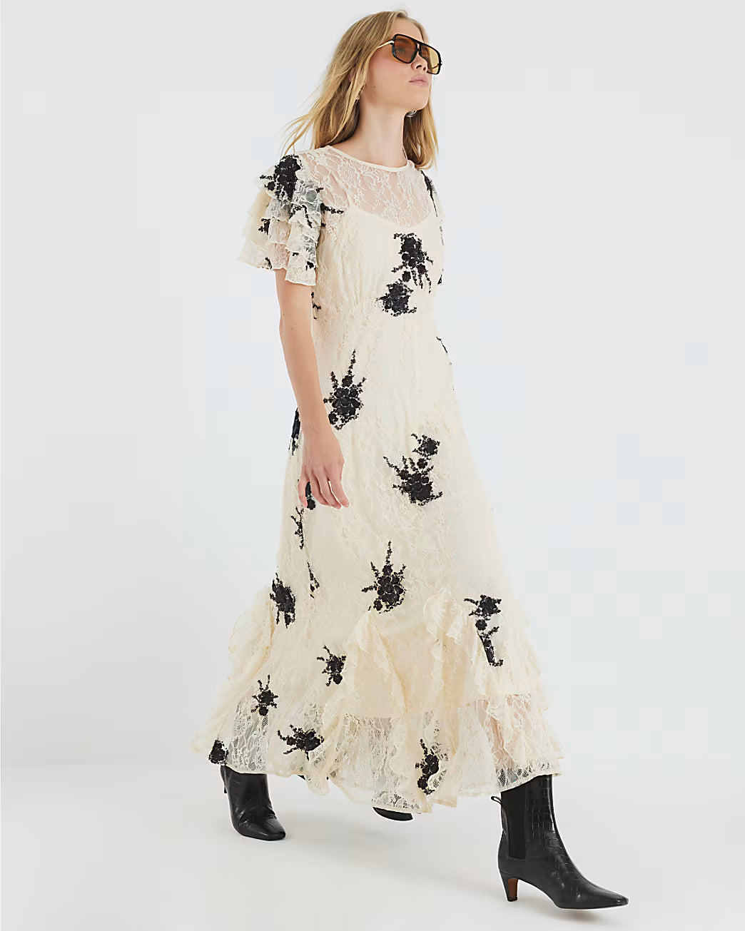 Beige Lace Embellished Maxi Dress