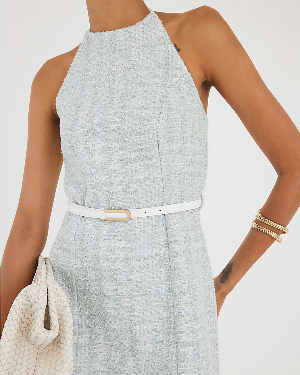 Blue Halter Neck Boucle Belted Mini Dress