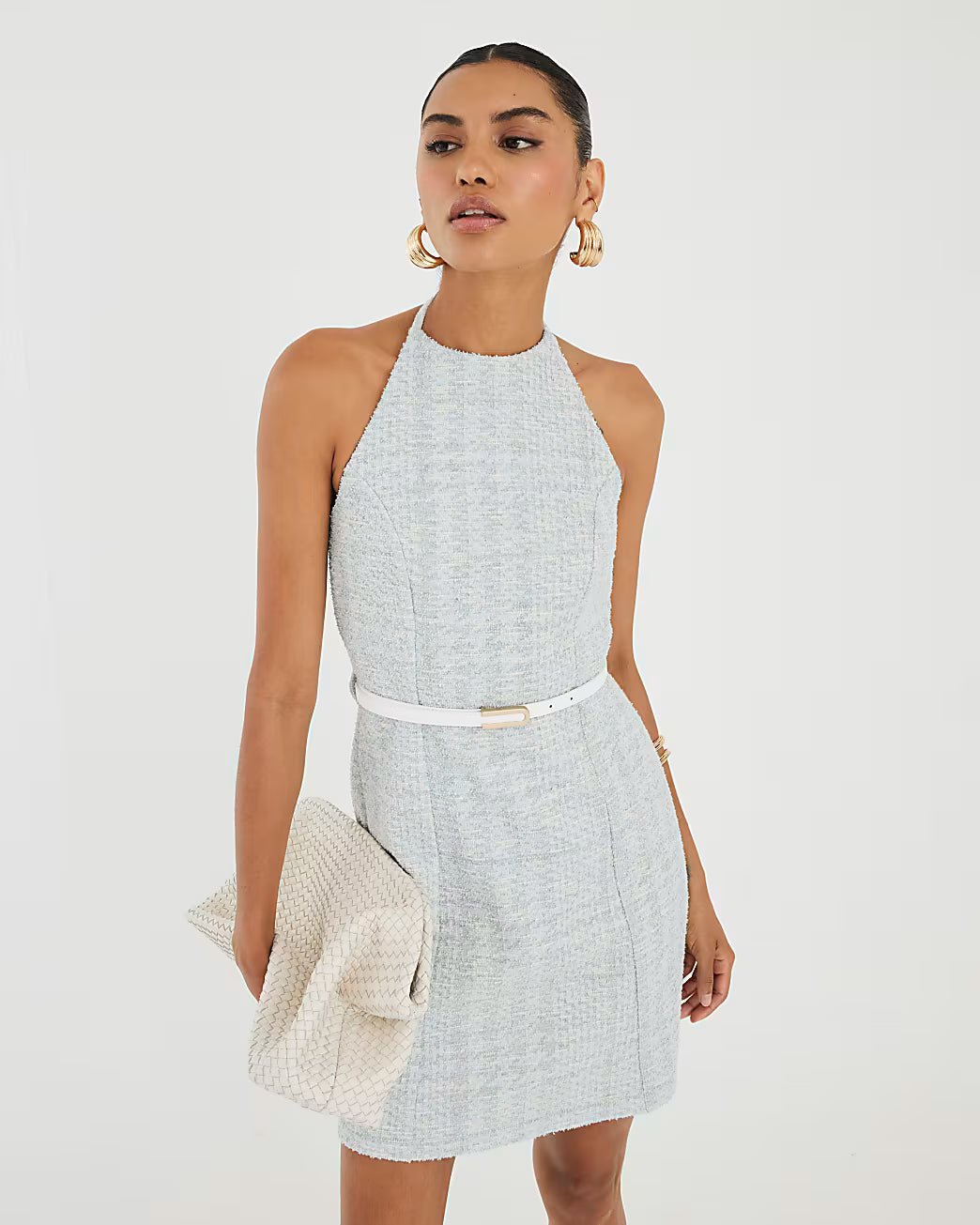 Blue Halter Neck Boucle Belted Mini Dress