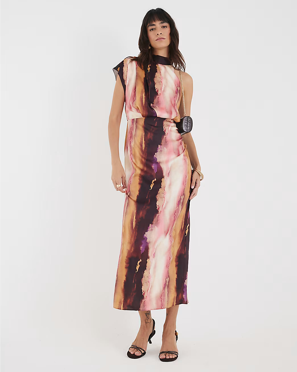 Pink Satin Printed High Neck Midi Dress