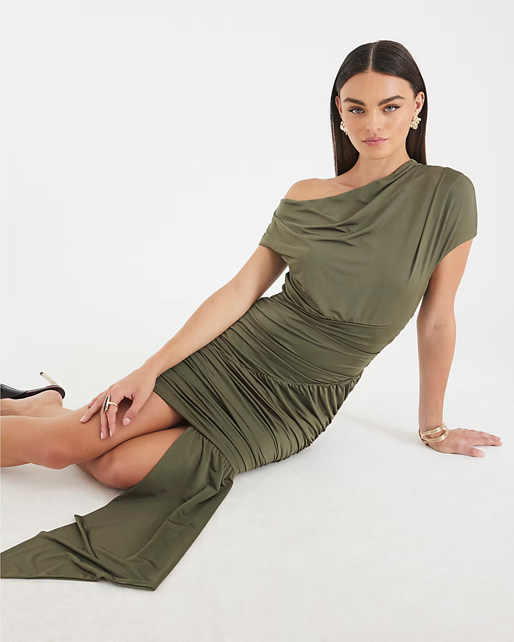 Green Short Sleeve Drape Detail Mini Dress