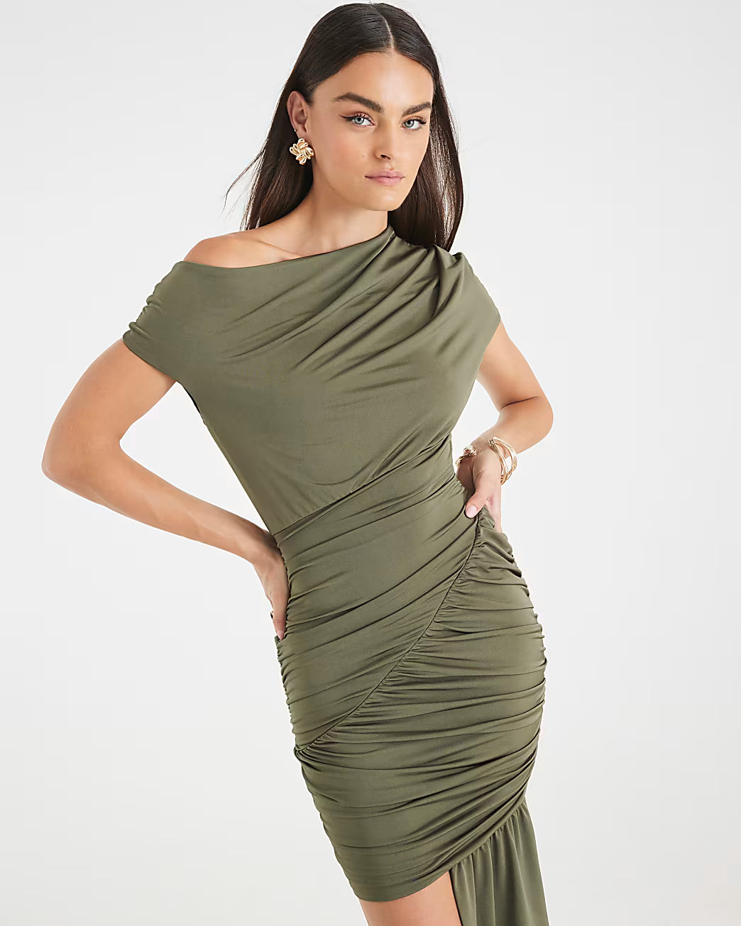 Green Short Sleeve Drape Detail Mini Dress