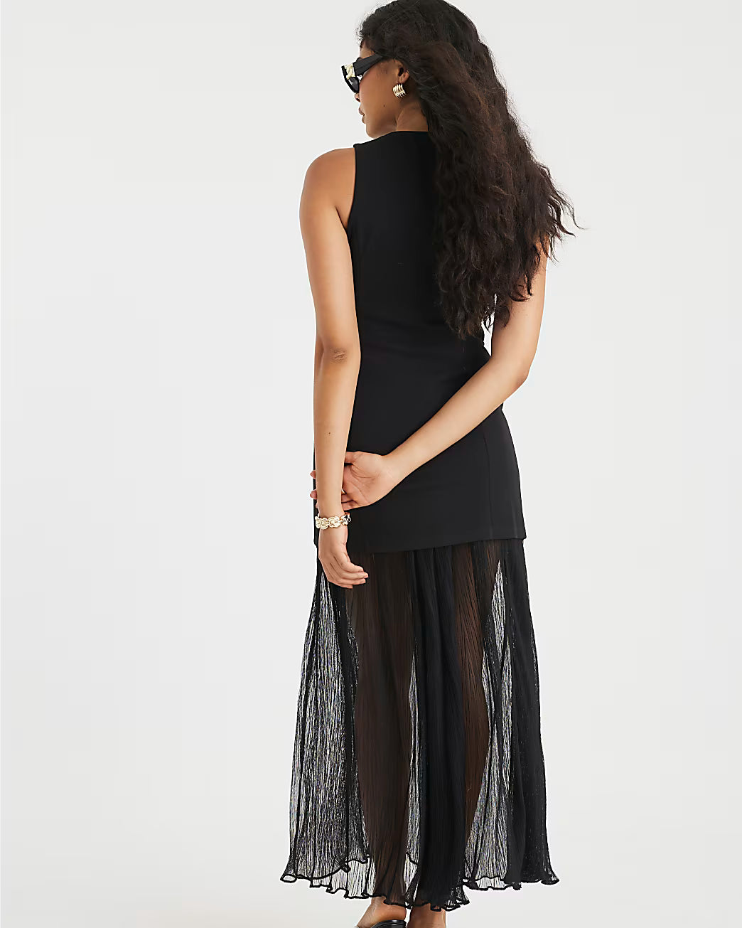 Black Plisse Sleeveless Waistcoat Maxi Dress