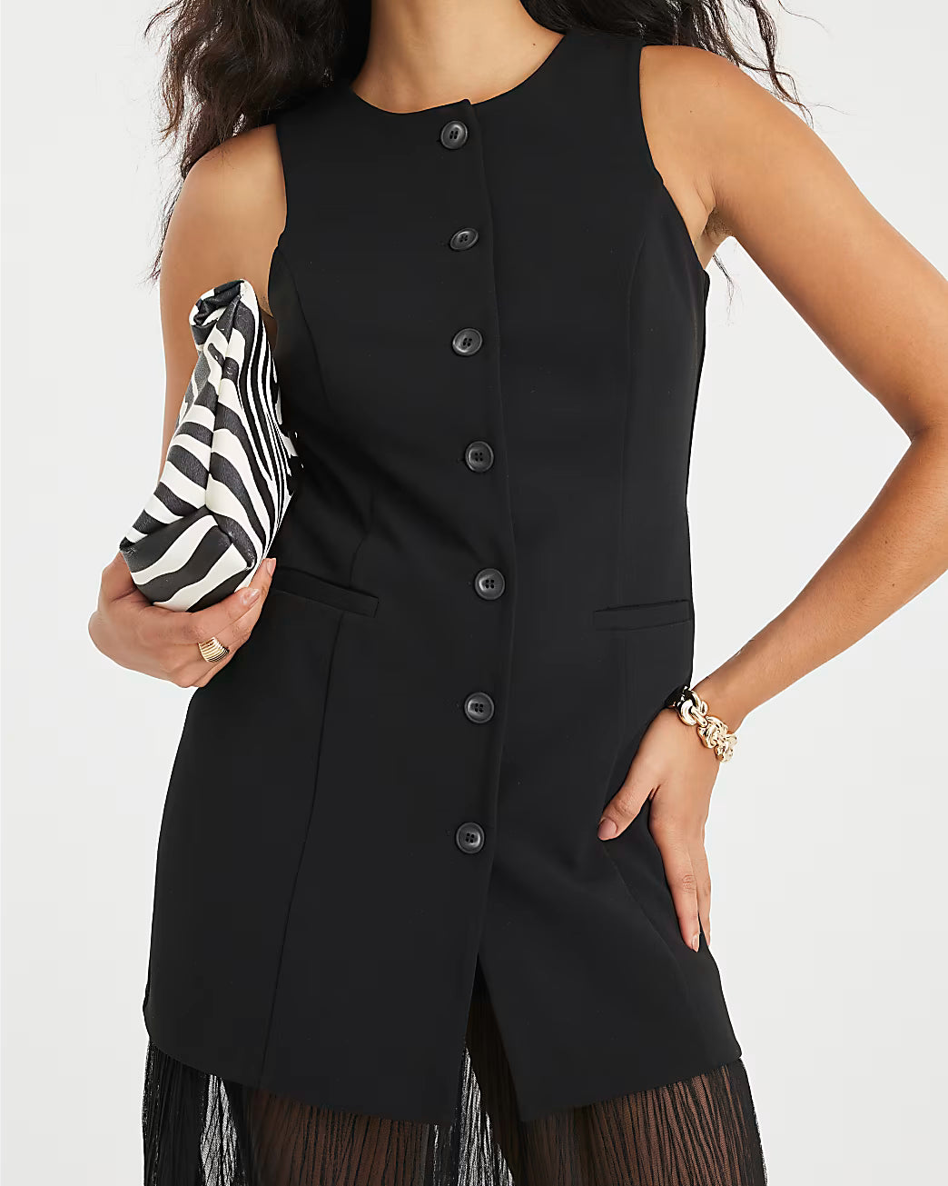 Black Plisse Sleeveless Waistcoat Maxi Dress