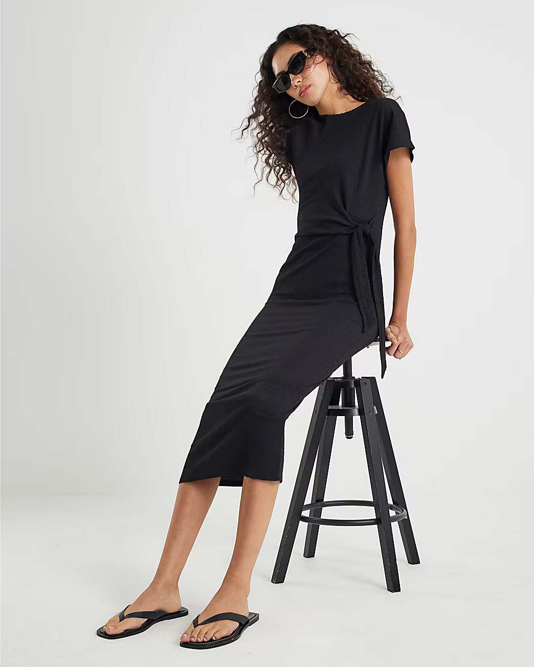 Black Textured Tie Waist Midi Dress