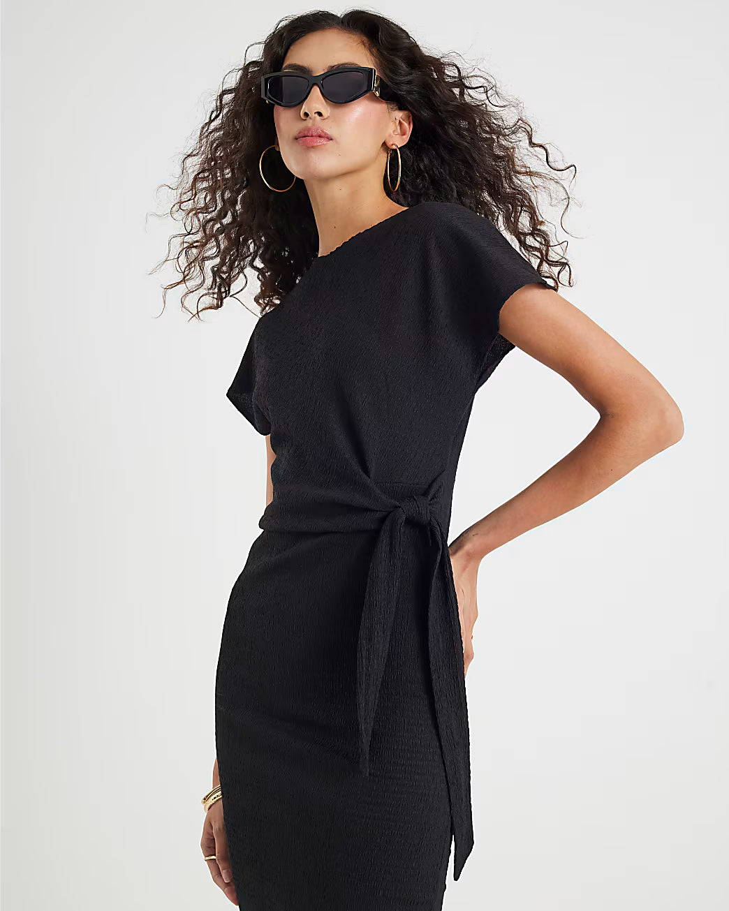 Black Textured Tie Waist Midi Dress