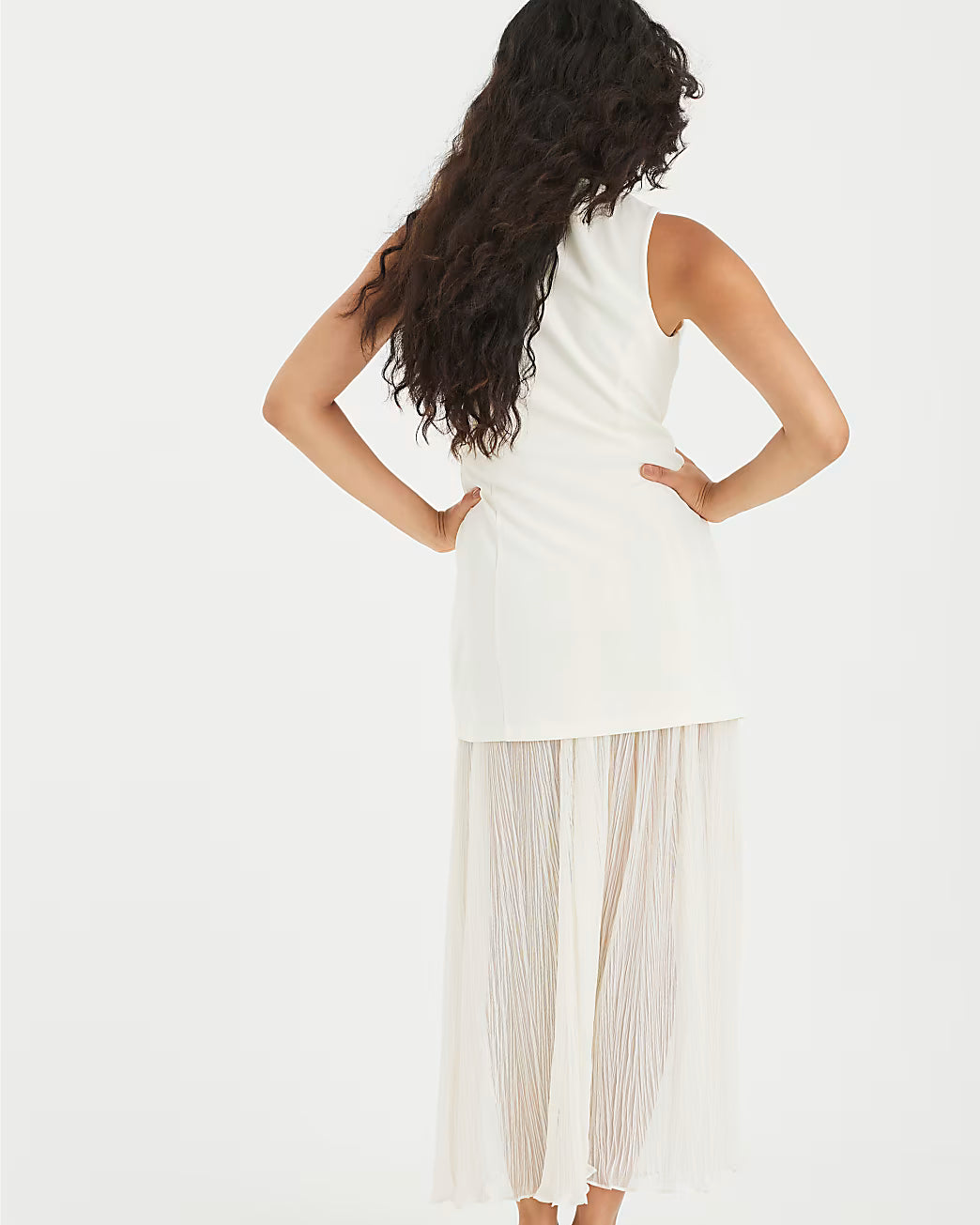 Cream Plisse Sleeveless Waistcoat Maxi Dress