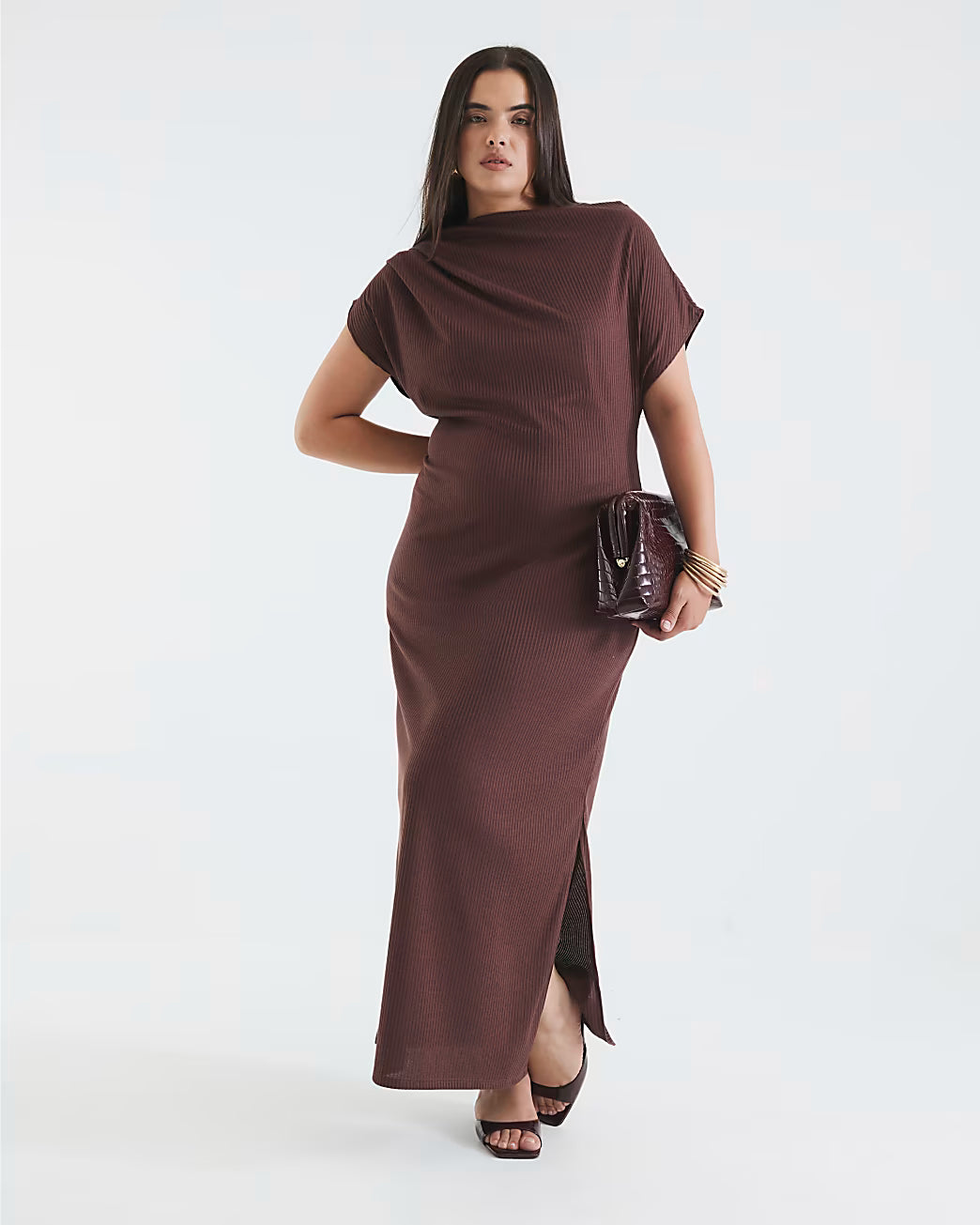 Brown Asymmetrical Ribbed Midi Dress