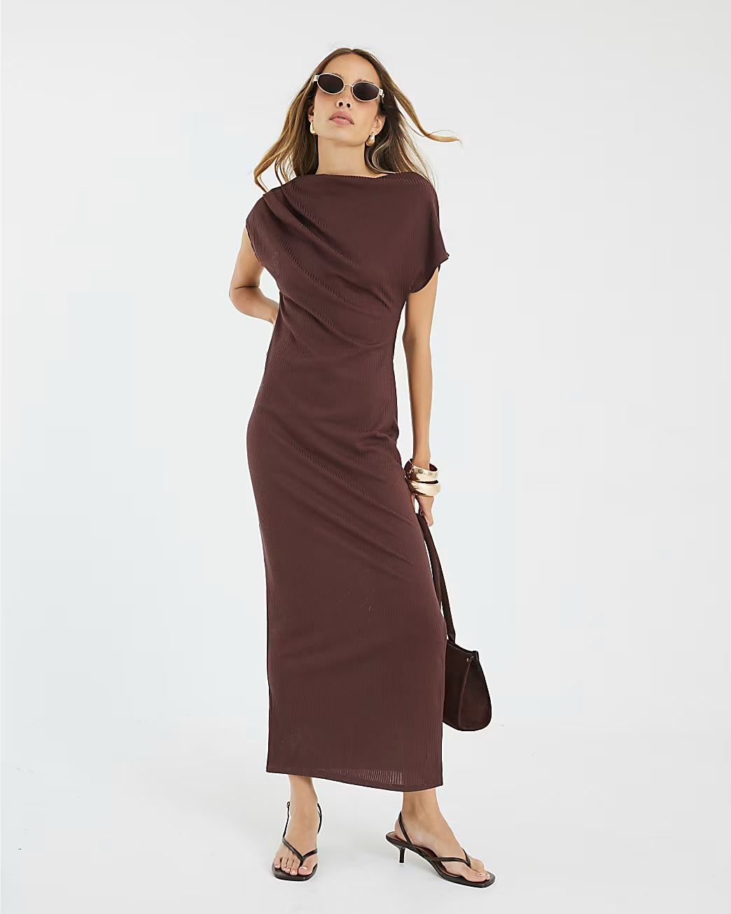 Brown Asymmetrical Ribbed Midi Dress
