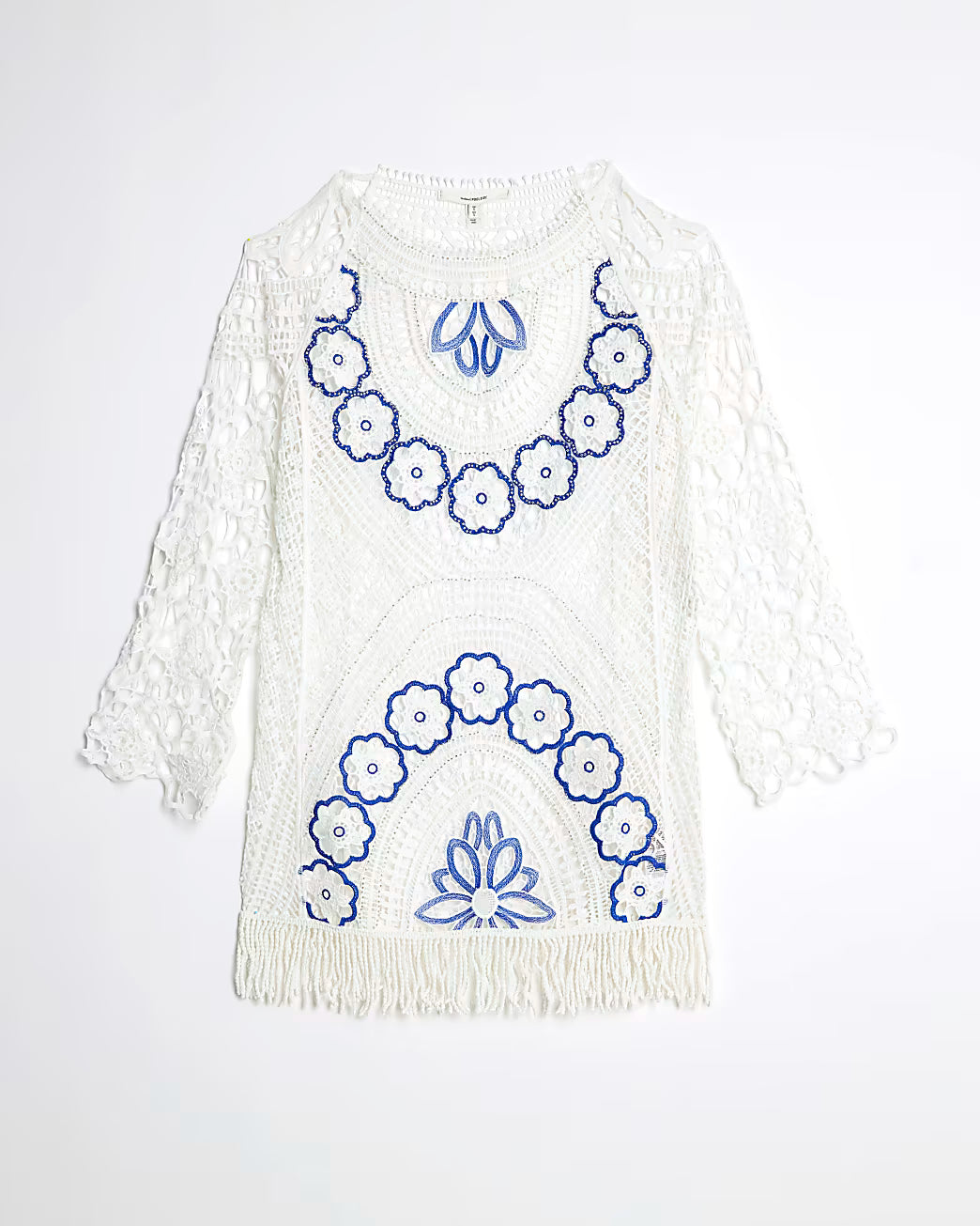White Crochet Long Sleeve Mini Beach Dress