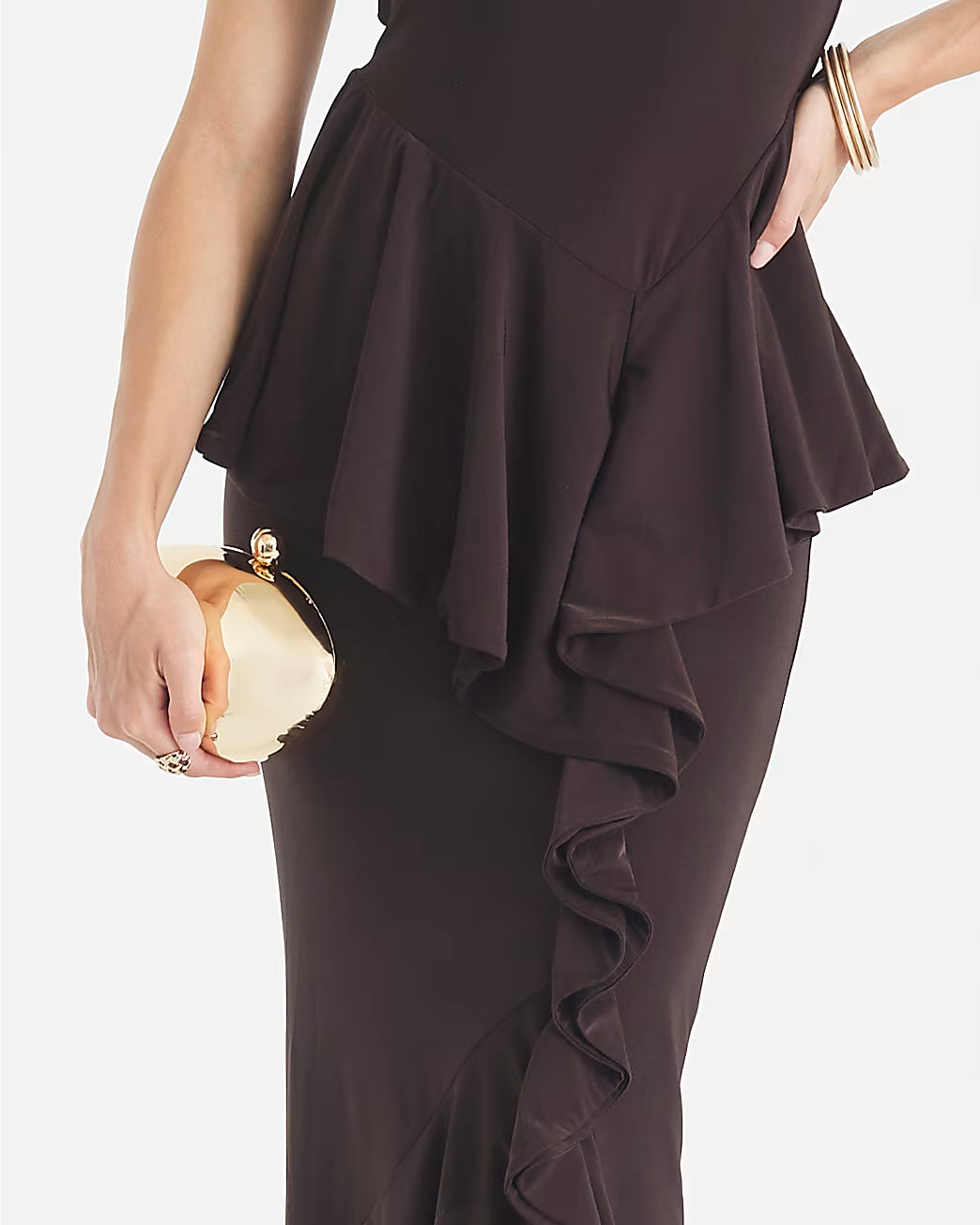 Brown Sleeveless Ruffle Front Maxi Dress