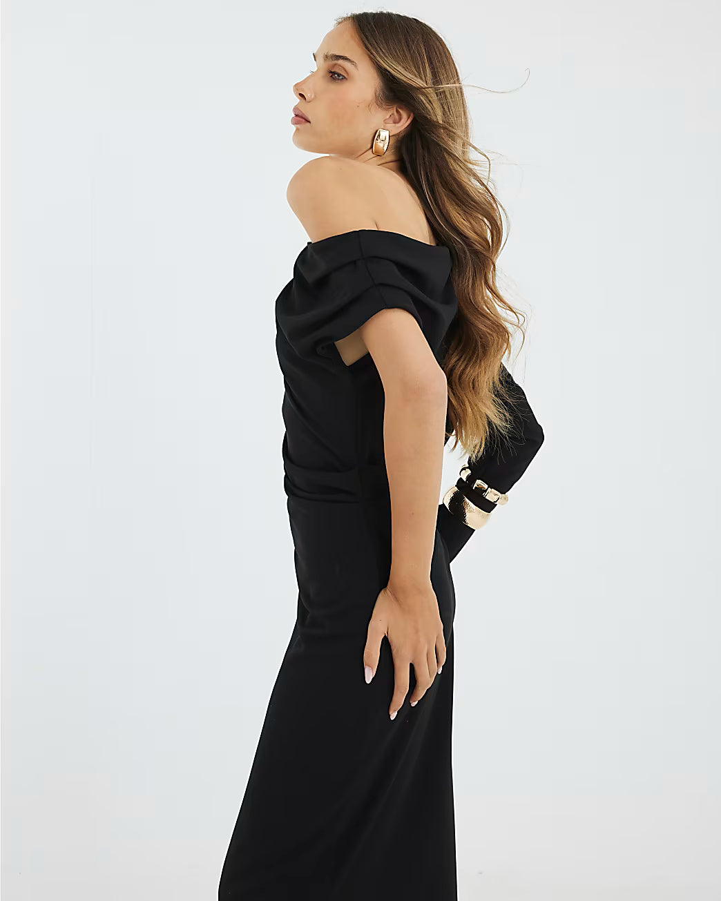 Black Asymmetrical Draped Maxi Dress