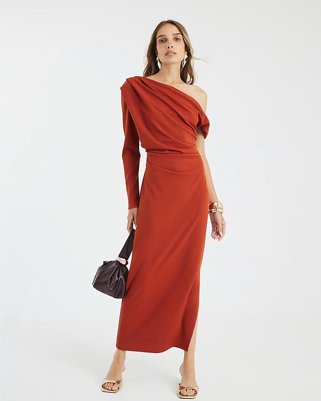 Orange Asymmetrical Draped Maxi Dress